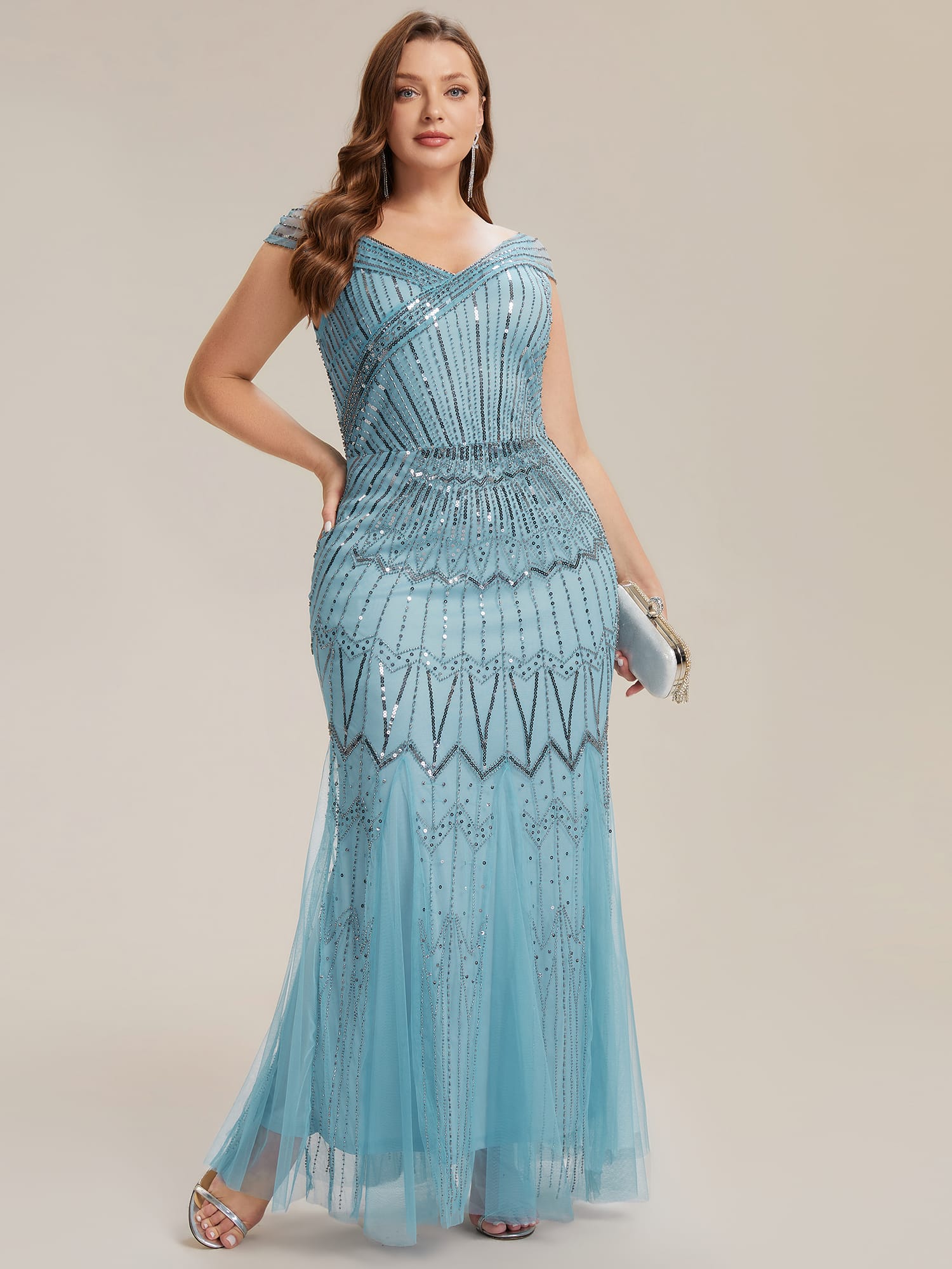 Embroidered Sequin Drop Shoulder Sleeve Dress #color_Sky Blue