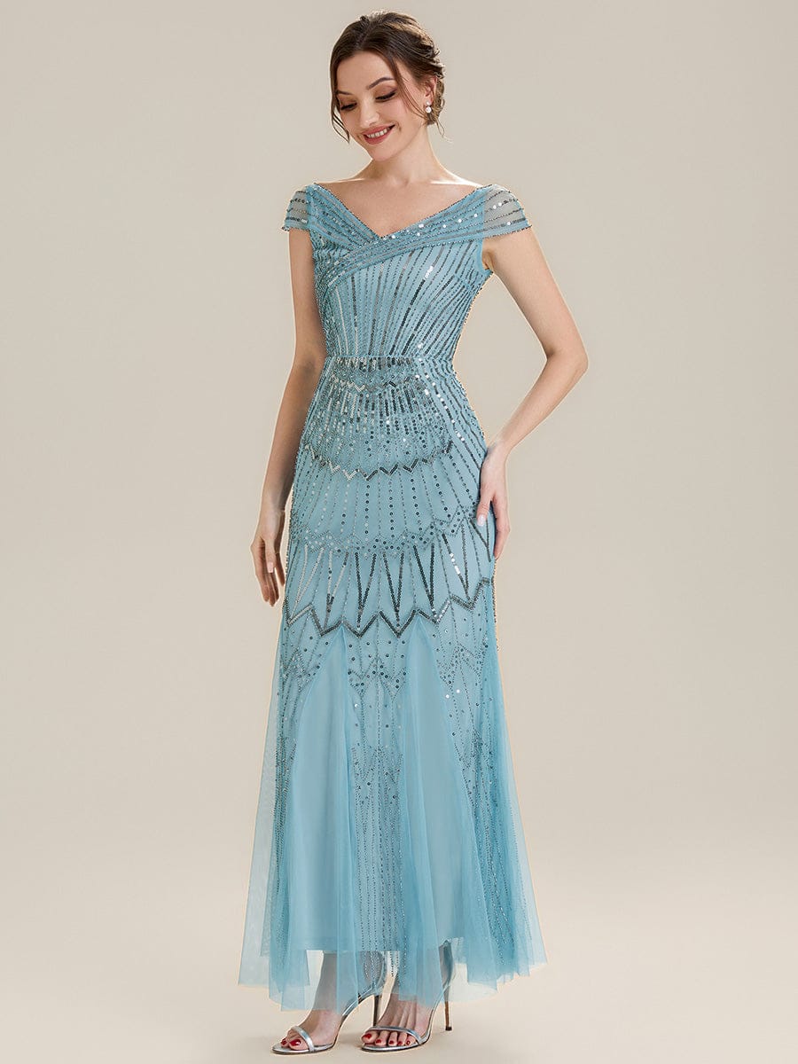 Embroidered Sequin Drop Shoulder Sleeve Dress #color_Sky Blue