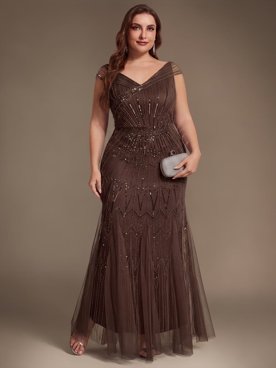 Embroidered Sequin Drop Shoulder Sleeve Dress #color_Brown