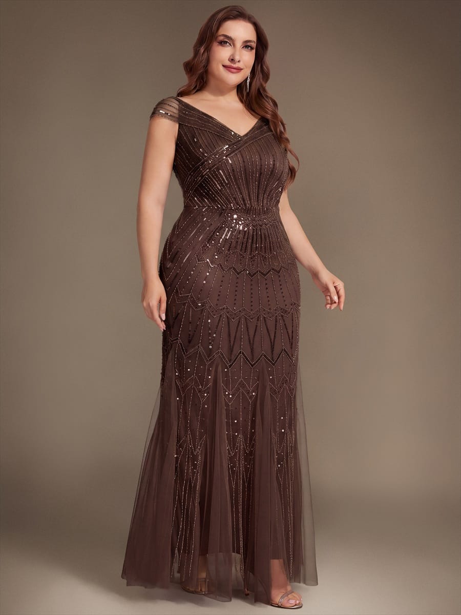Embroidered Sequin Drop Shoulder Sleeve Dress #color_Brown