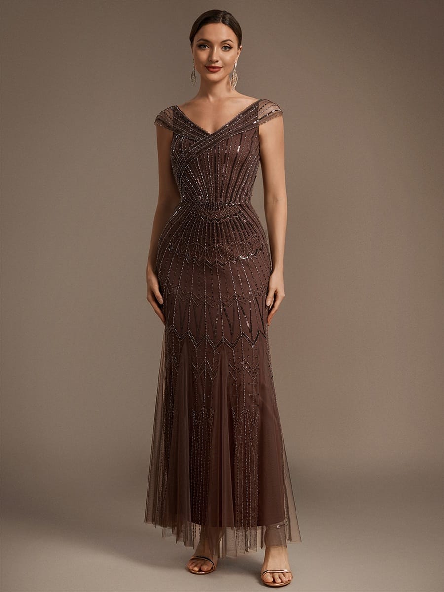 Embroidered Sequin Drop Shoulder Sleeve Dress #color_Brown