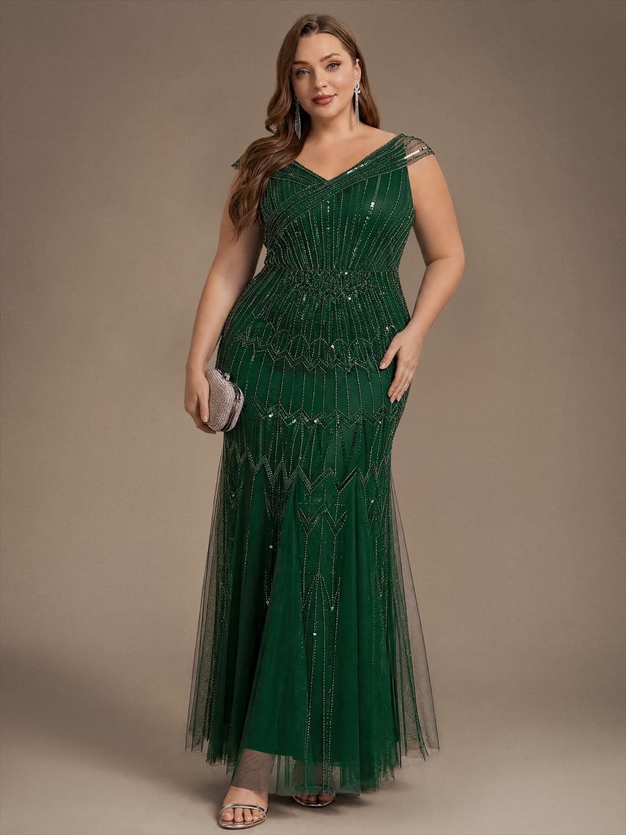 Embroidered Sequin Drop Shoulder Sleeve Dress #color_Dark Green