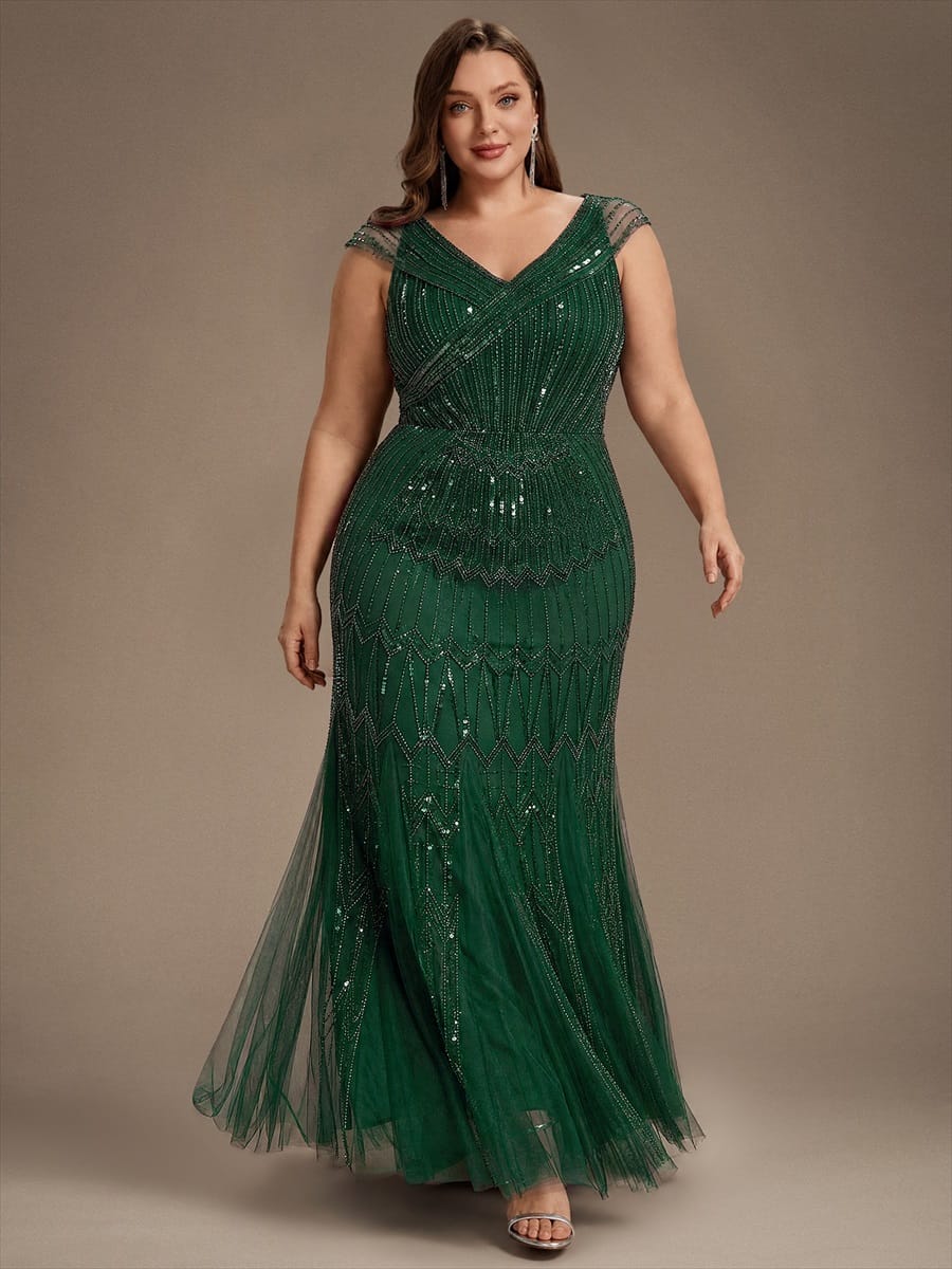 Embroidered Sequin Drop Shoulder Sleeve Dress #color_Dark Green