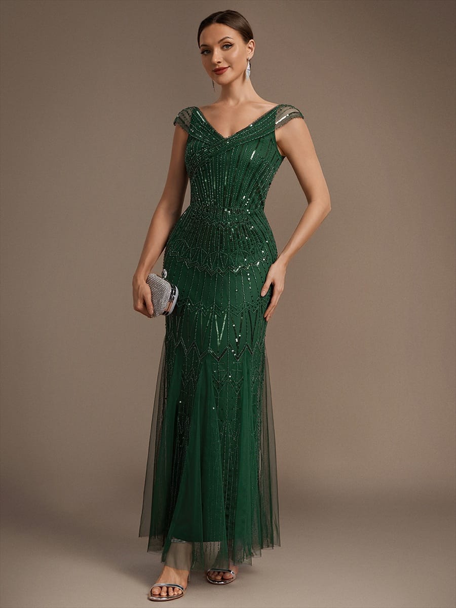 Embroidered Sequin Drop Shoulder Sleeve Dress #color_Dark Green