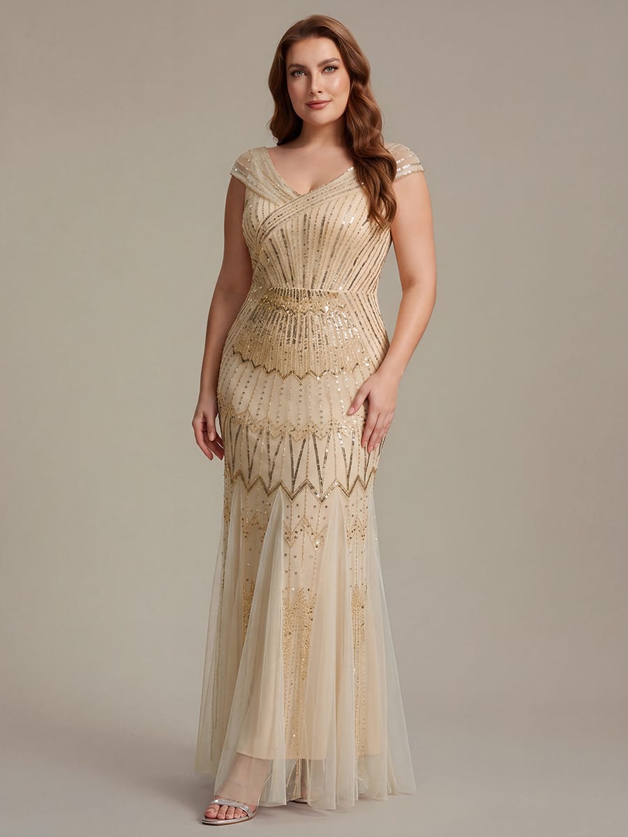 Embroidered Sequin Drop Shoulder Sleeve Dress #color_Gold