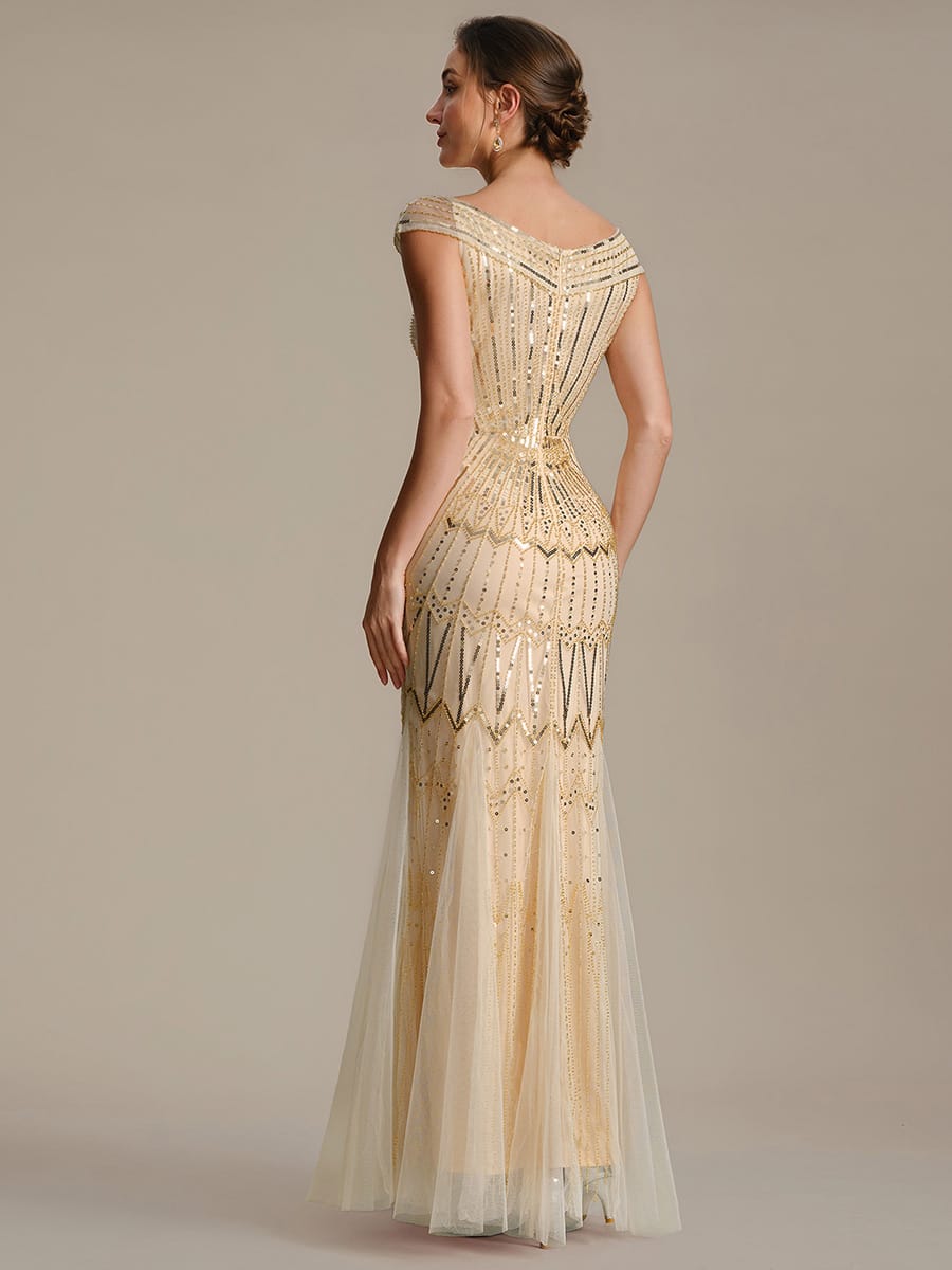 Embroidered Sequin Drop Shoulder Sleeve Dress #color_Gold