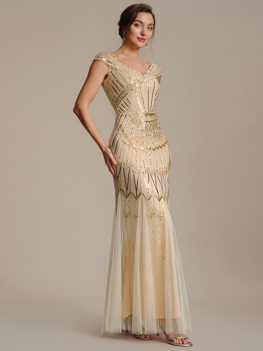 Embroidered Sequin Drop Shoulder Sleeve Dress #color_Gold