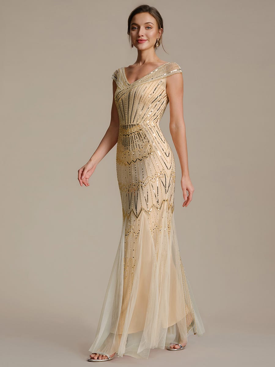 Embroidered Sequin Drop Shoulder Sleeve Dress #color_Gold
