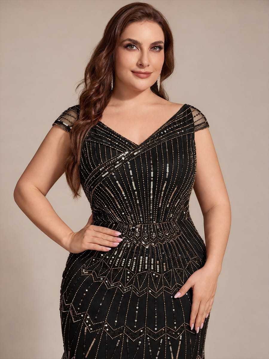 Embroidered Sequin Drop Shoulder Sleeve Dress #color_Black & Gold