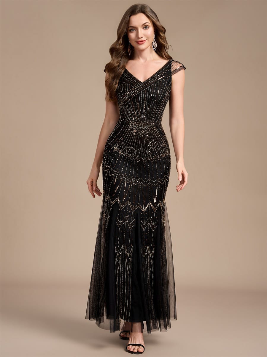 Embroidered Sequin Drop Shoulder Sleeve Dress #color_Black & Gold