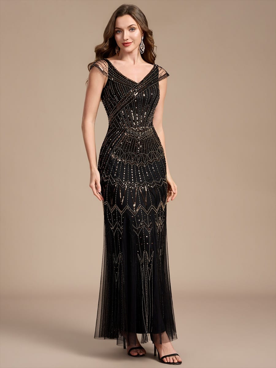 Embroidered Sequin Drop Shoulder Sleeve Dress #color_Black & Gold