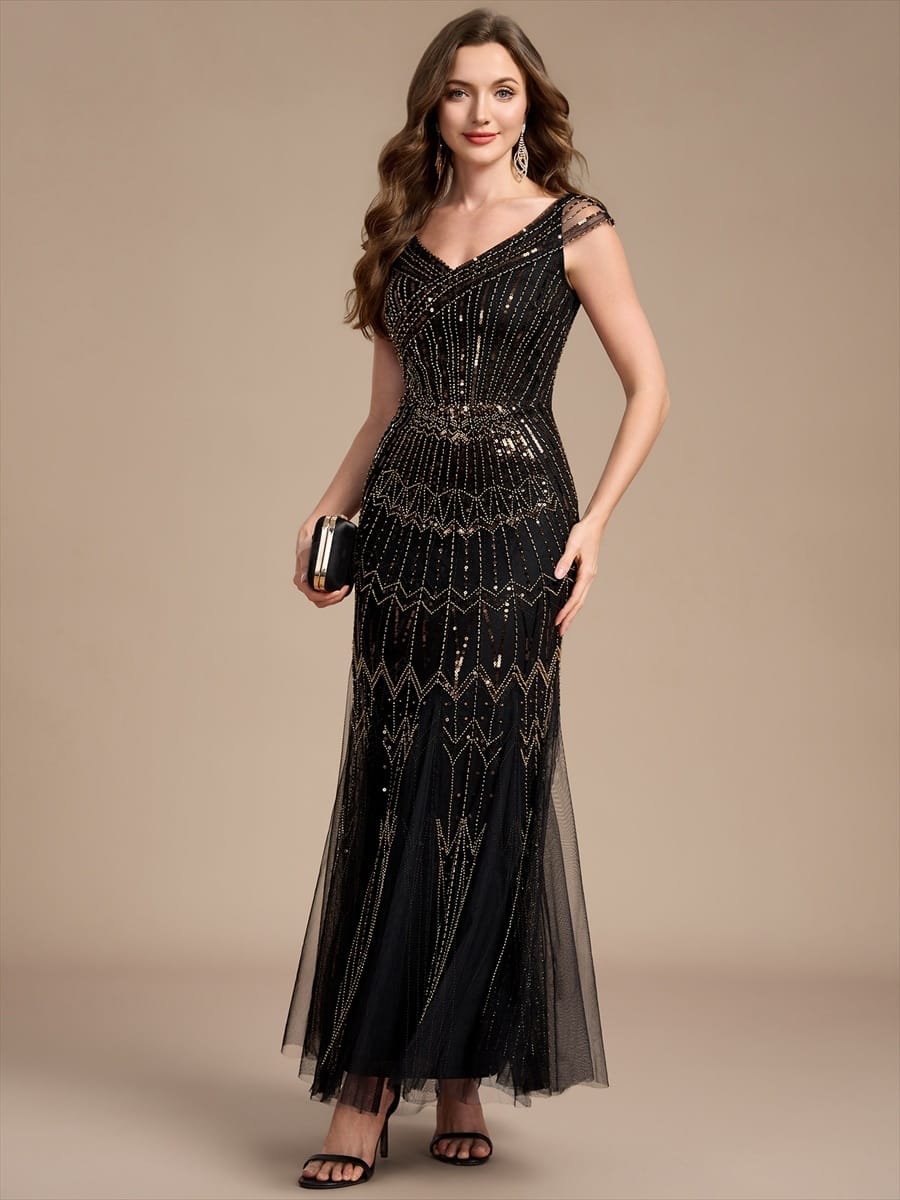 Embroidered Sequin Drop Shoulder Sleeve Dress #color_Black & Gold