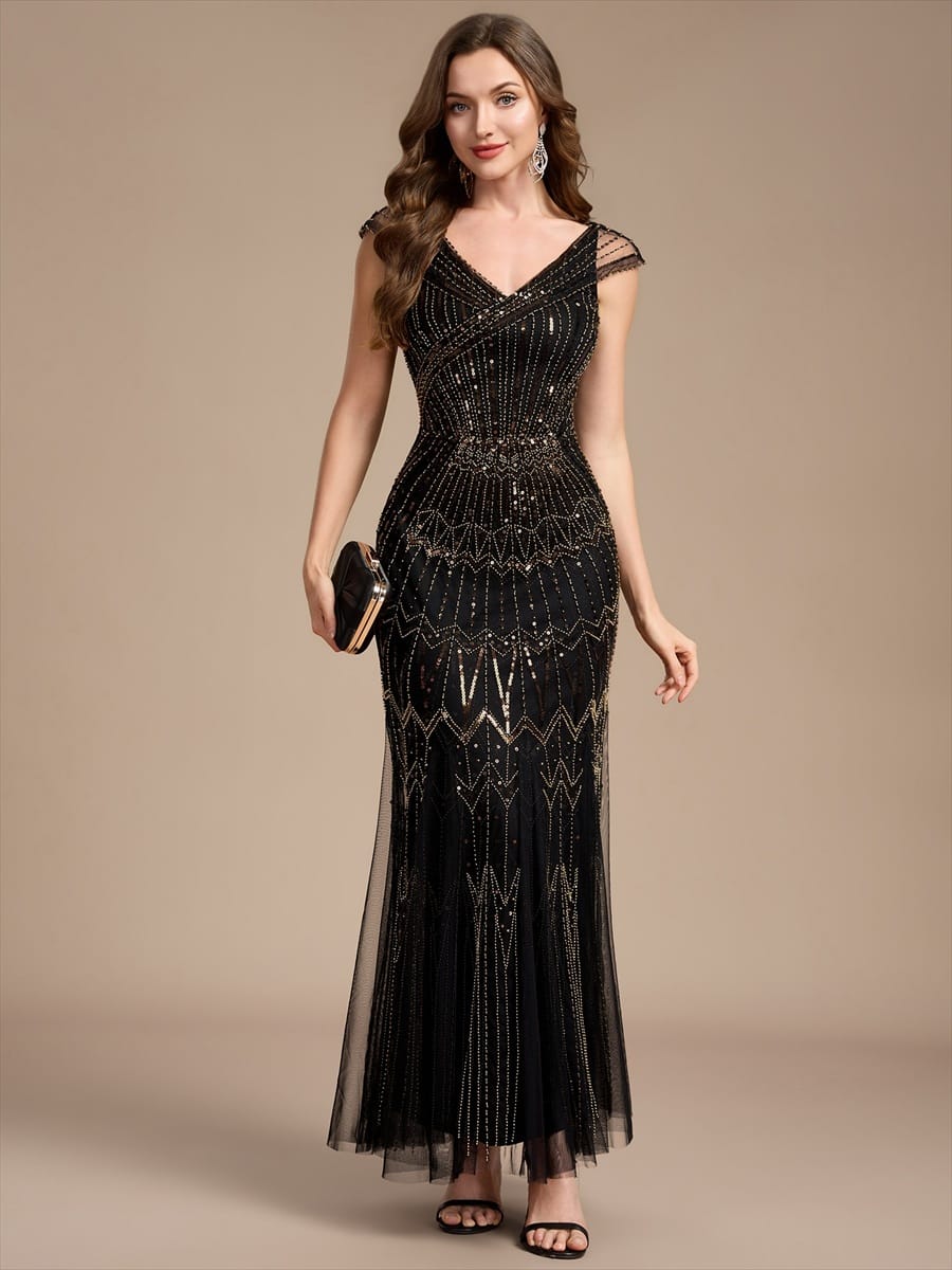 Embroidered Sequin Drop Shoulder Sleeve Dress #color_Black & Gold