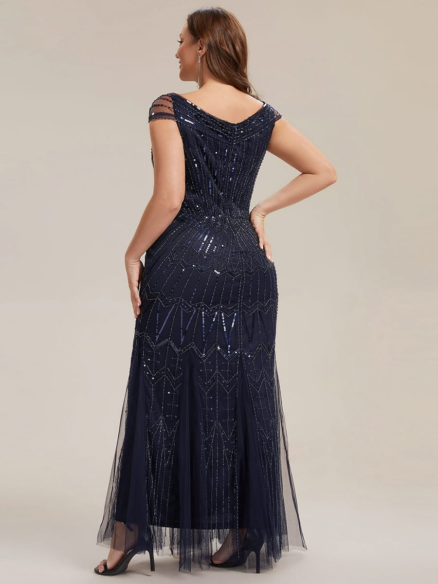 Embroidered Sequin Drop Shoulder Sleeve Dress #color_Navy Blue