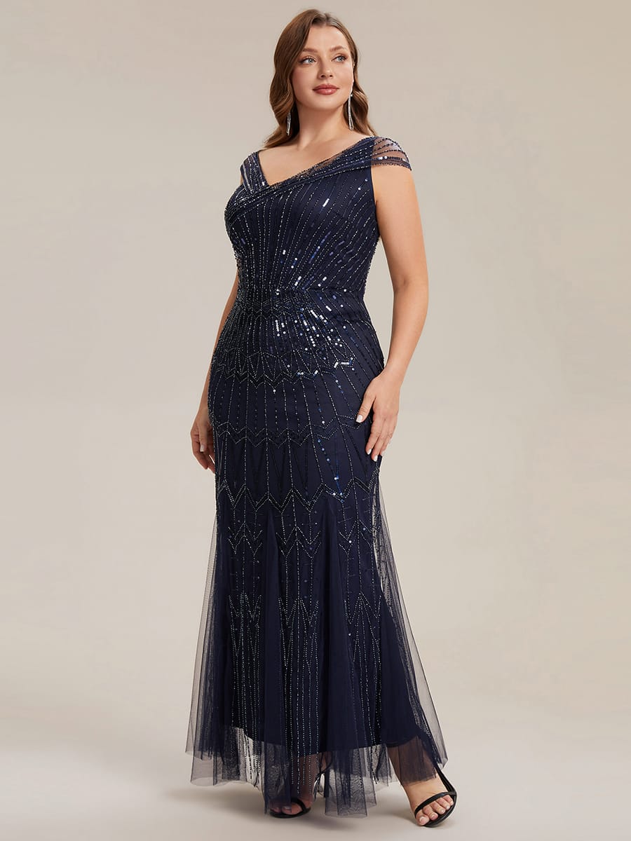 Embroidered Sequin Drop Shoulder Sleeve Dress #color_Navy Blue