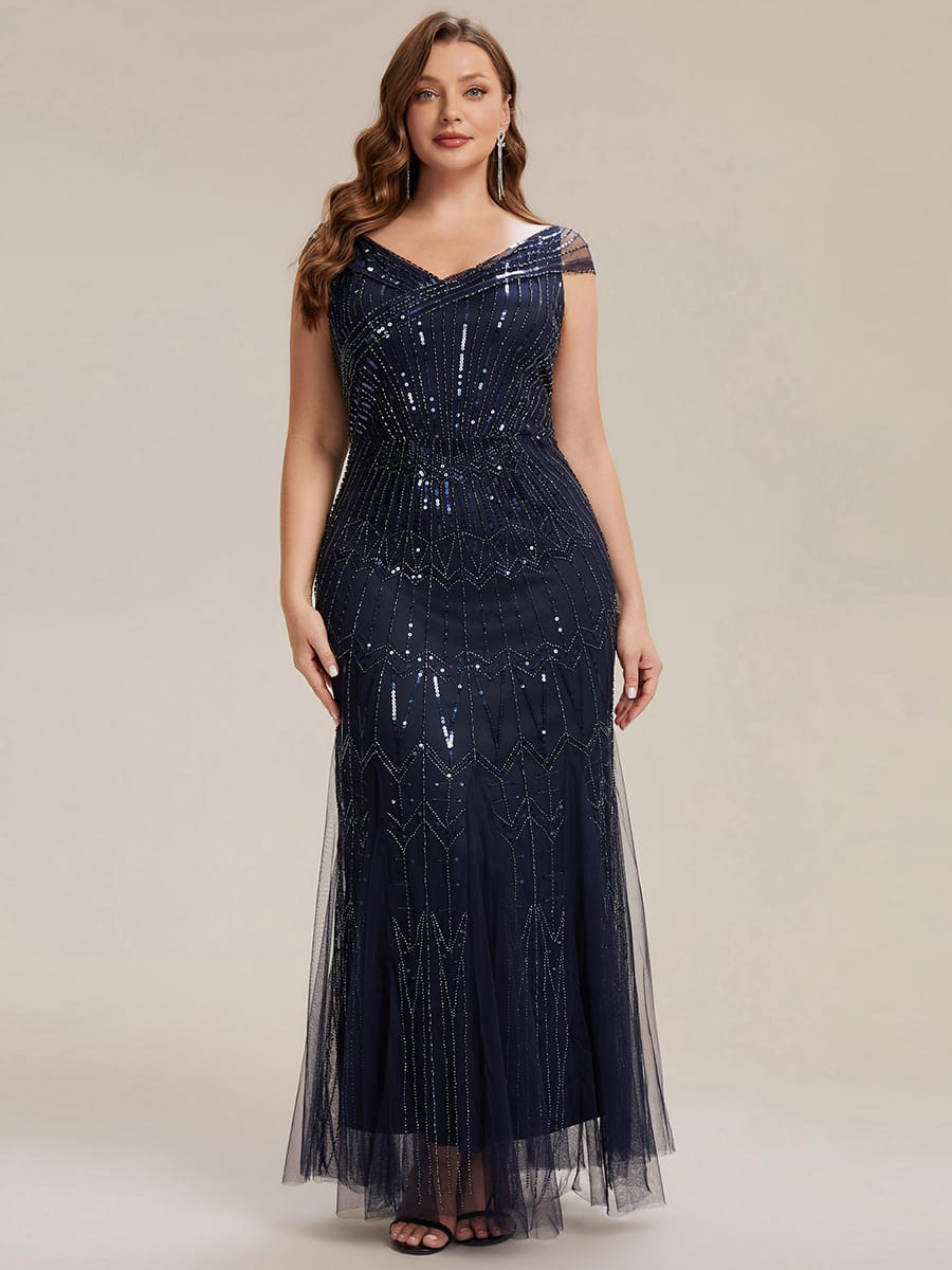Embroidered Sequin Drop Shoulder Sleeve Dress #color_Navy Blue