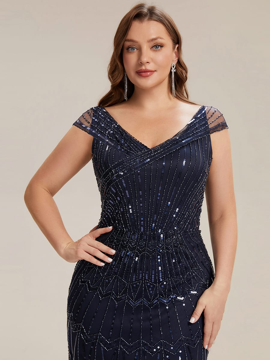 Embroidered Sequin Drop Shoulder Sleeve Dress #color_Navy Blue