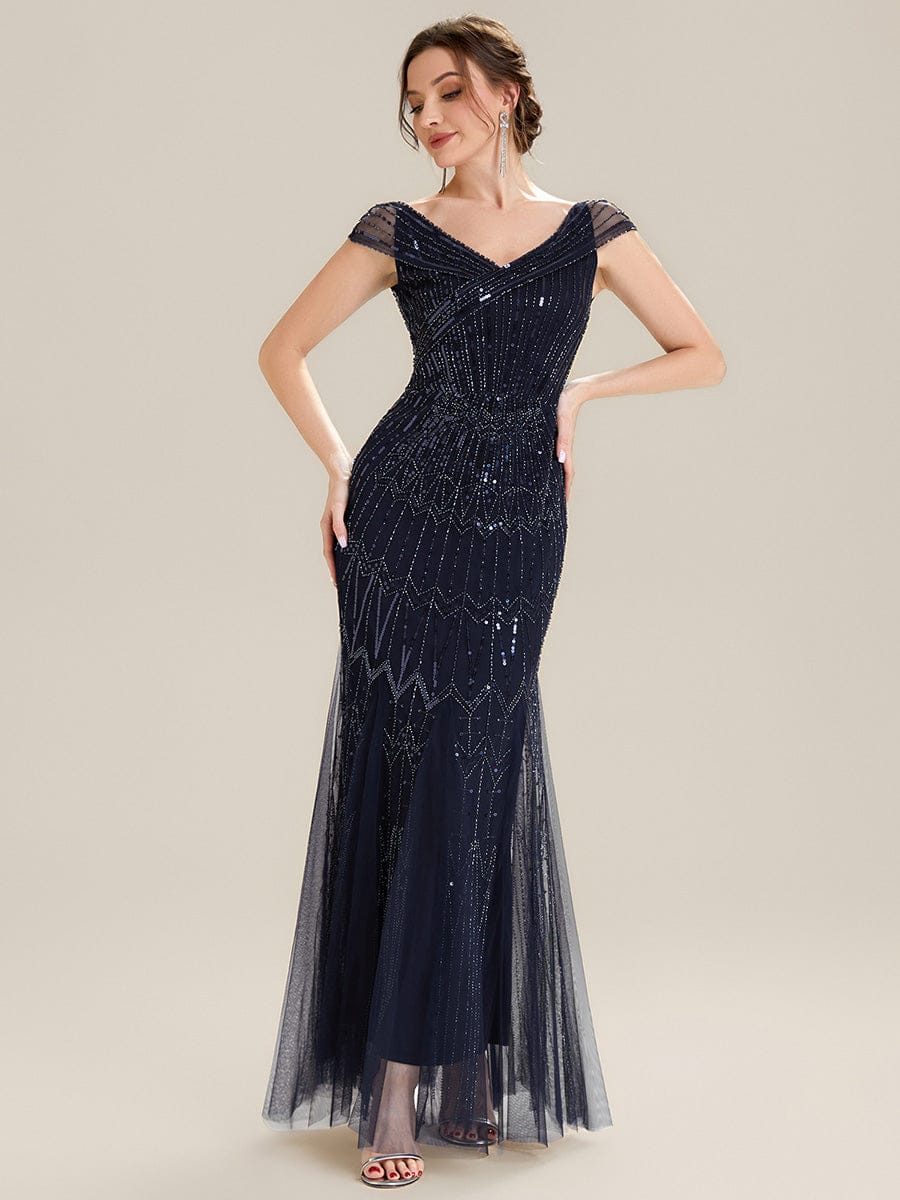 Embroidered Sequin Drop Shoulder Sleeve Dress #color_Navy Blue
