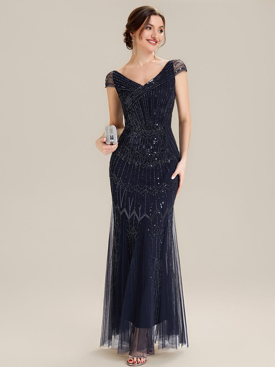 Embroidered Sequin Drop Shoulder Sleeve Dress #color_Navy Blue