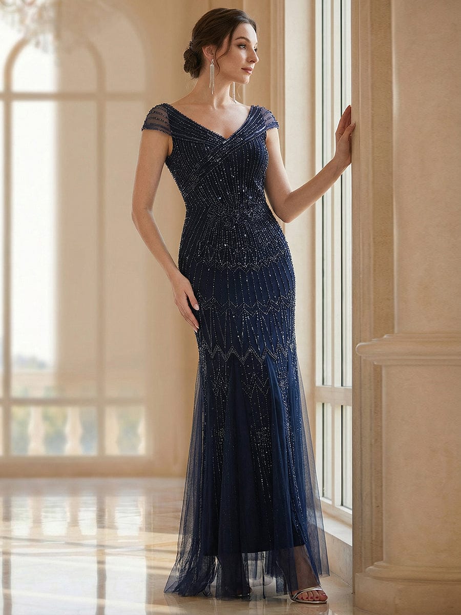 Embroidered Sequin Drop Shoulder Sleeve Dress #color_Navy Blue