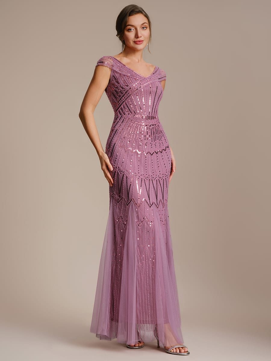 Embroidered Sequin Drop Shoulder Sleeve Dress #color_Purple Orchid