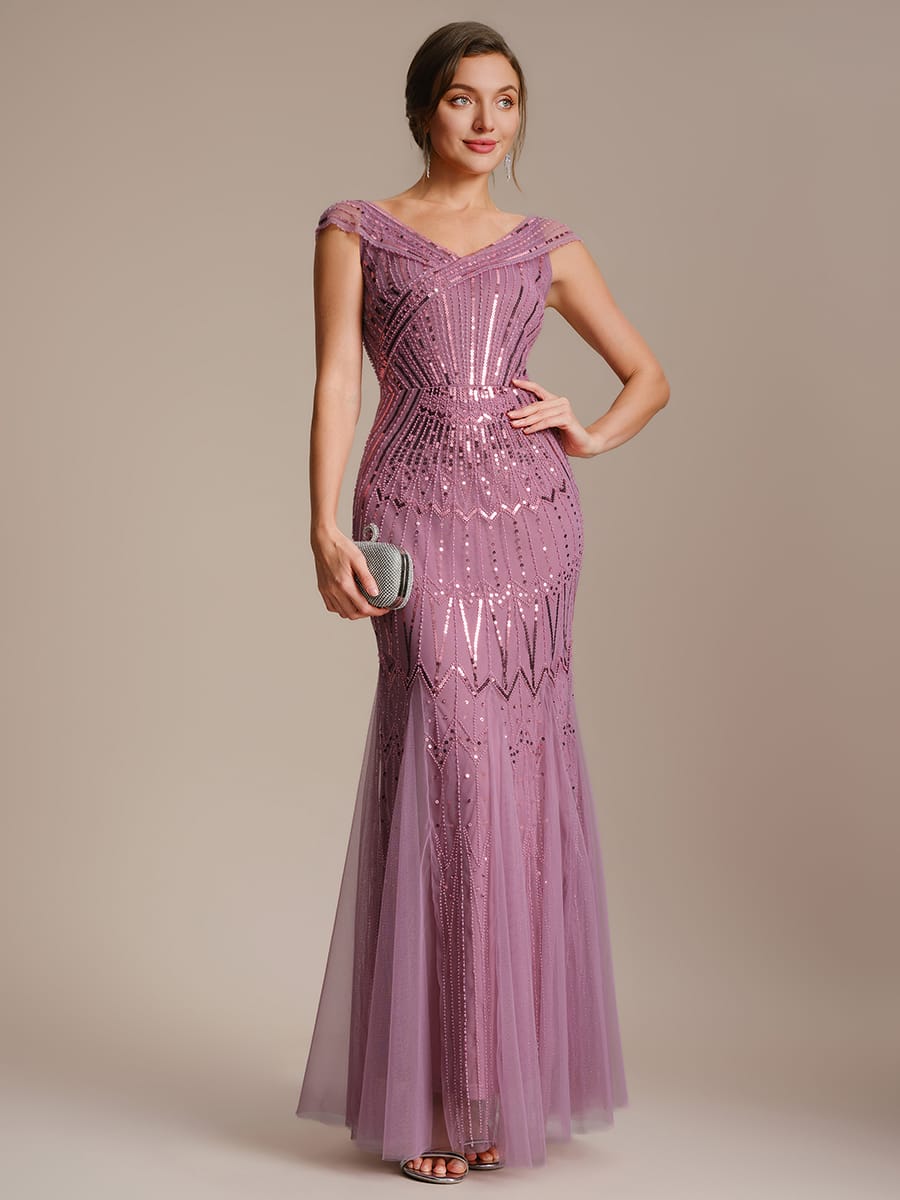 Embroidered Sequin Drop Shoulder Sleeve Dress #color_Purple Orchid