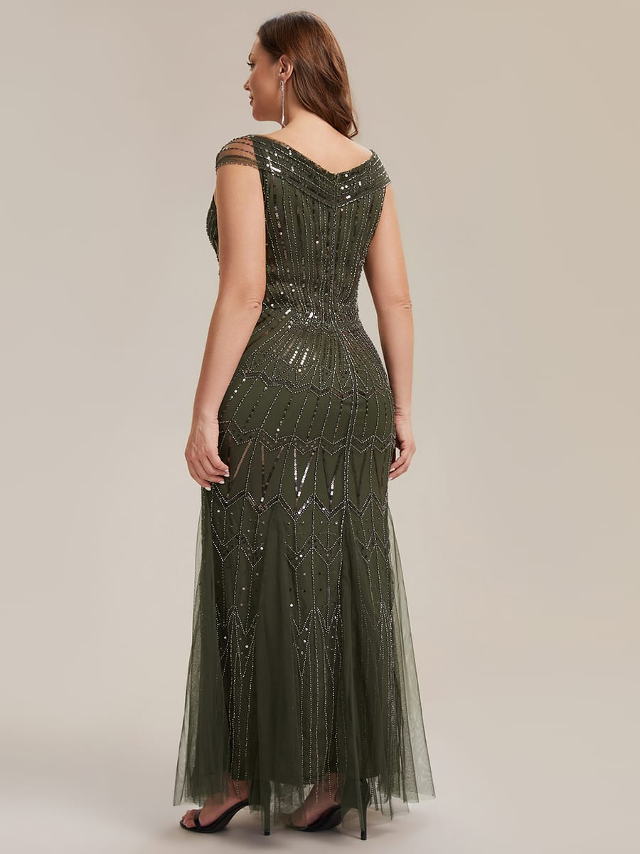 Embroidered Sequin Drop Shoulder Sleeve Dress #color_Olive Green