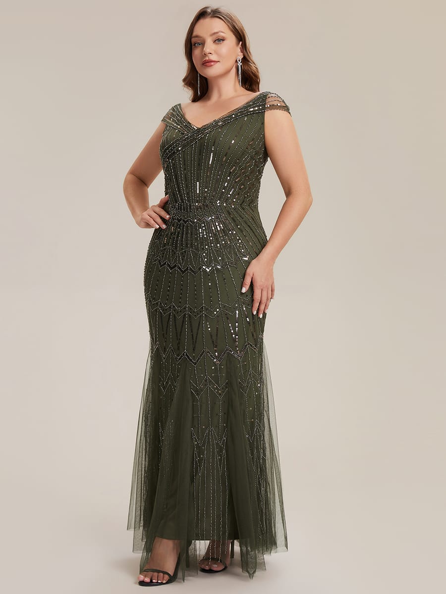 Embroidered Sequin Drop Shoulder Sleeve Dress #color_Olive Green