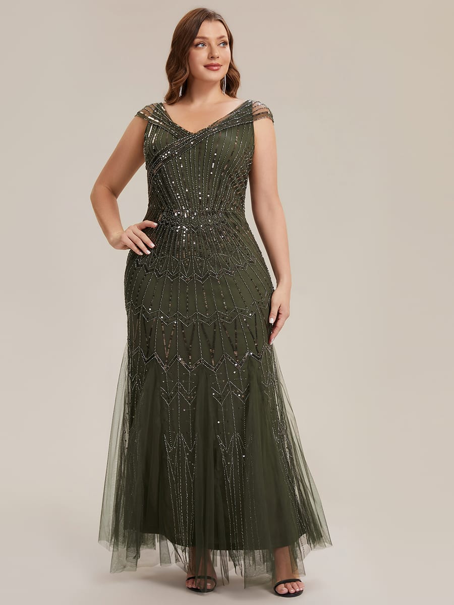 Embroidered Sequin Drop Shoulder Sleeve Dress #color_Olive Green