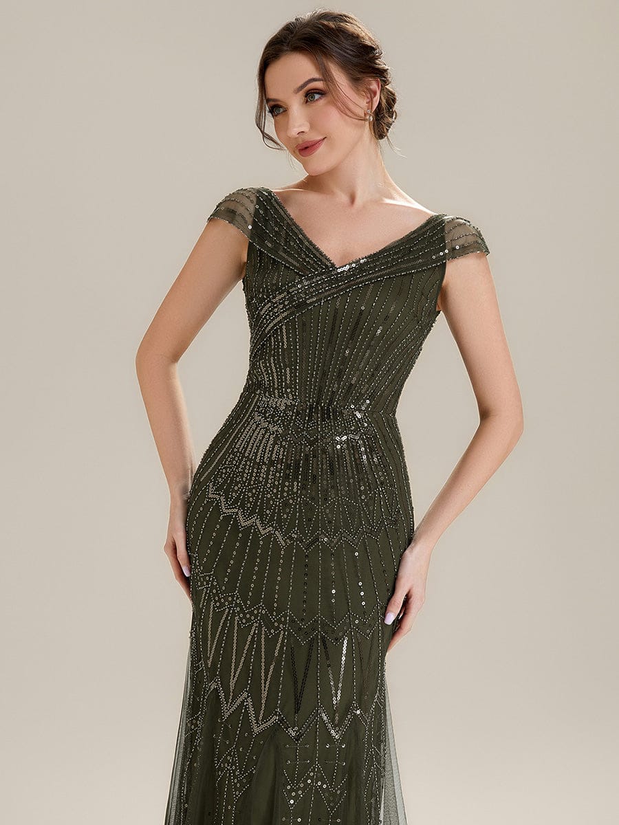 Embroidered Sequin Drop Shoulder Sleeve Dress #color_Olive Green