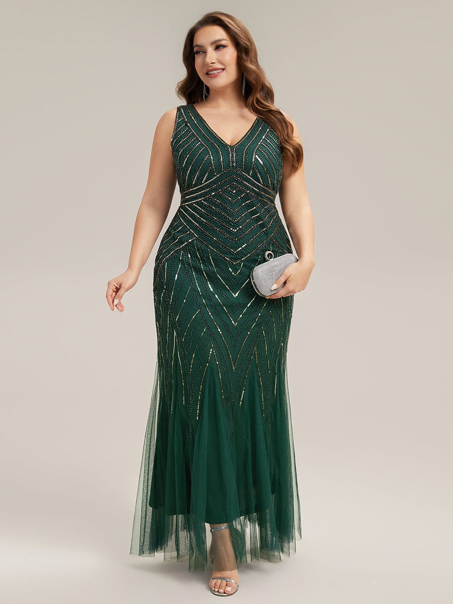 Deep V-Neck Sequin Sleeveless Dress #color_Dark Green