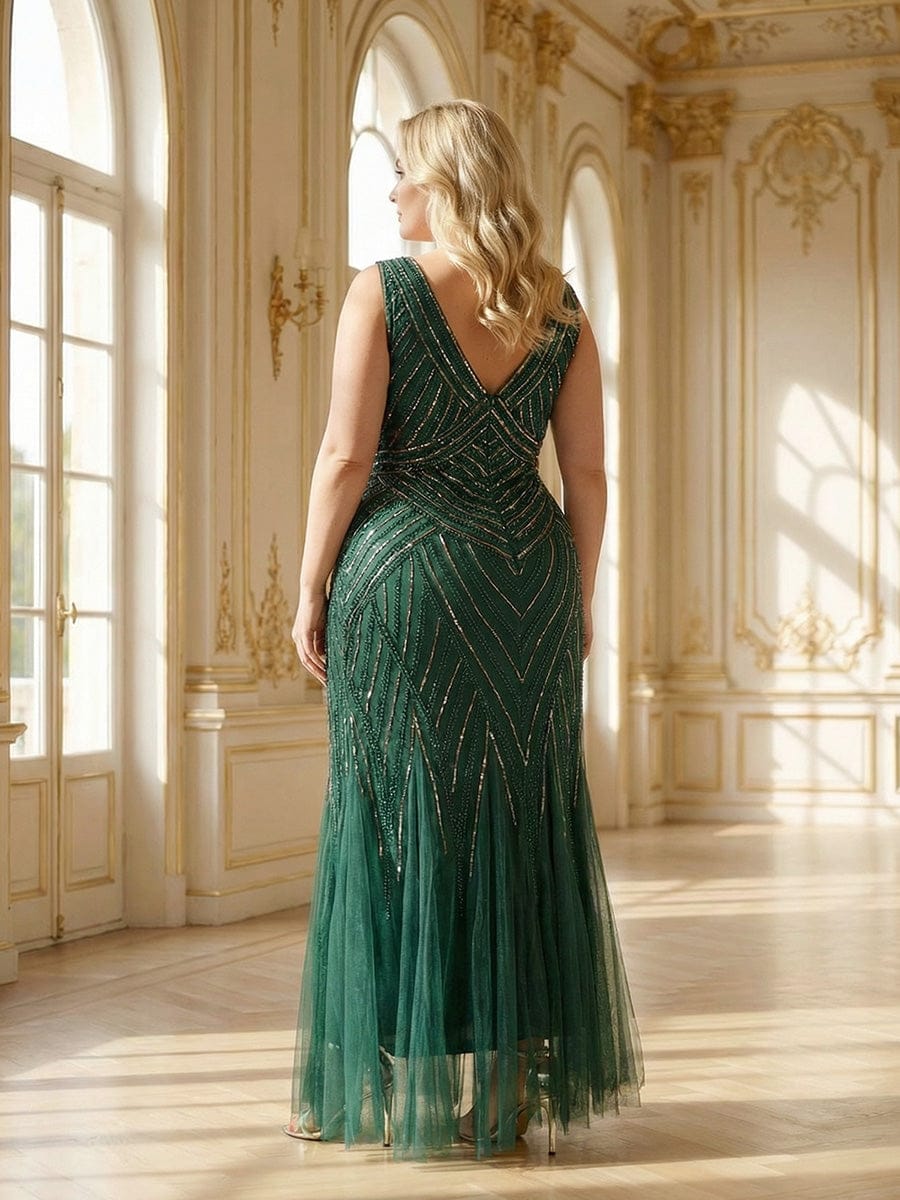 Deep V-Neck Sequin Sleeveless Dress #color_Dark Green