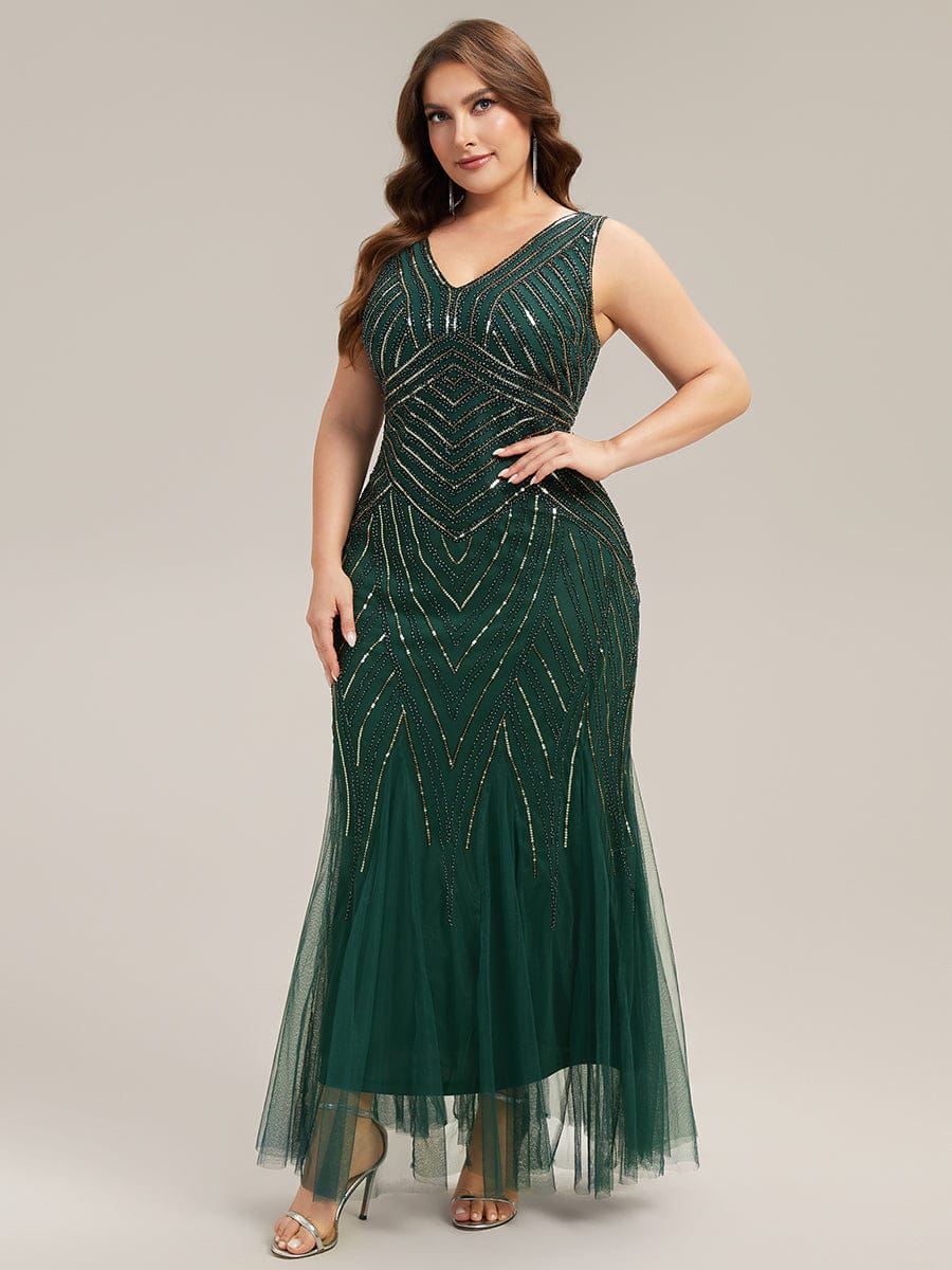 Deep V-Neck Sequin Sleeveless Dress #color_Dark Green