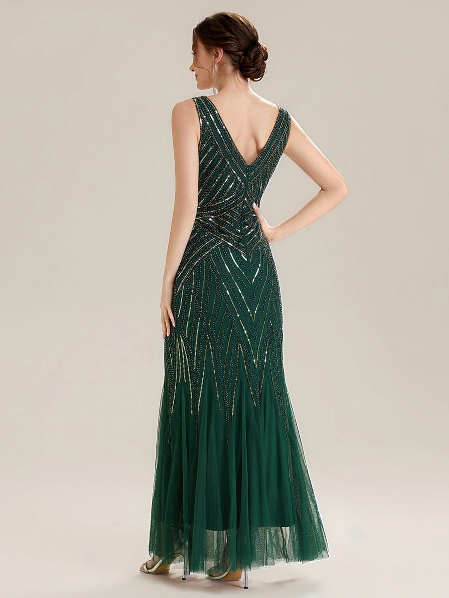Deep V-Neck Sequin Sleeveless Dress #color_Dark Green
