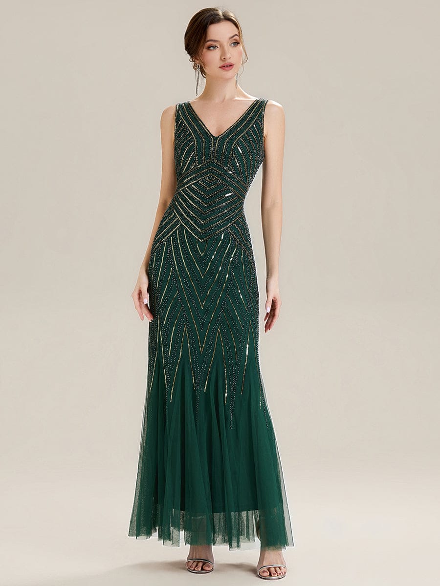 Deep V-Neck Sequin Sleeveless Dress #color_Dark Green