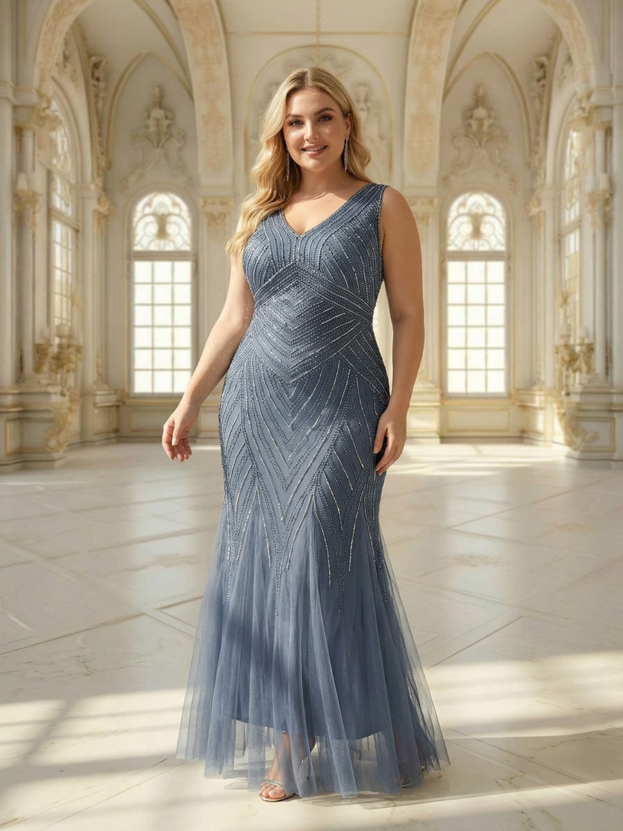 Deep V-Neck Sequin Sleeveless Dress #color_Dusty Blue