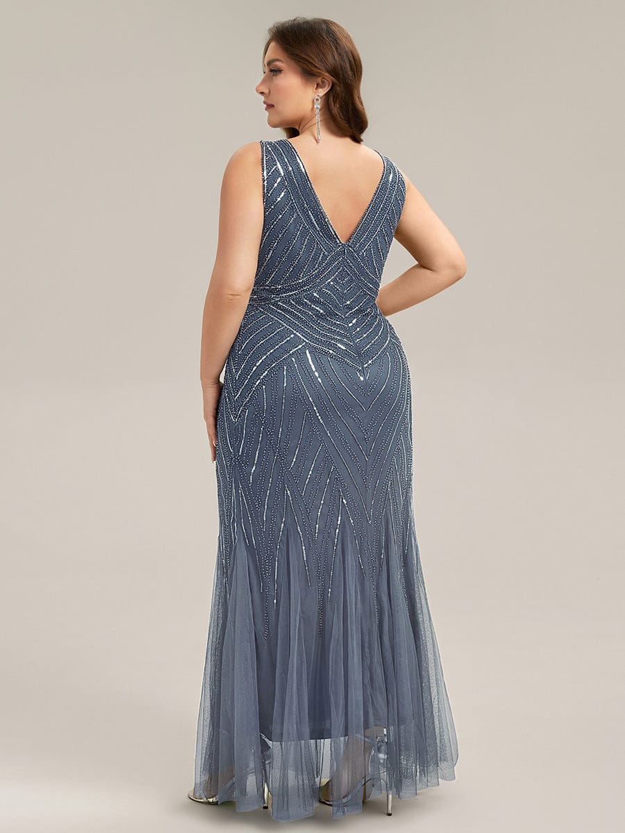 Deep V-Neck Sequin Sleeveless Dress #color_Dusty Blue