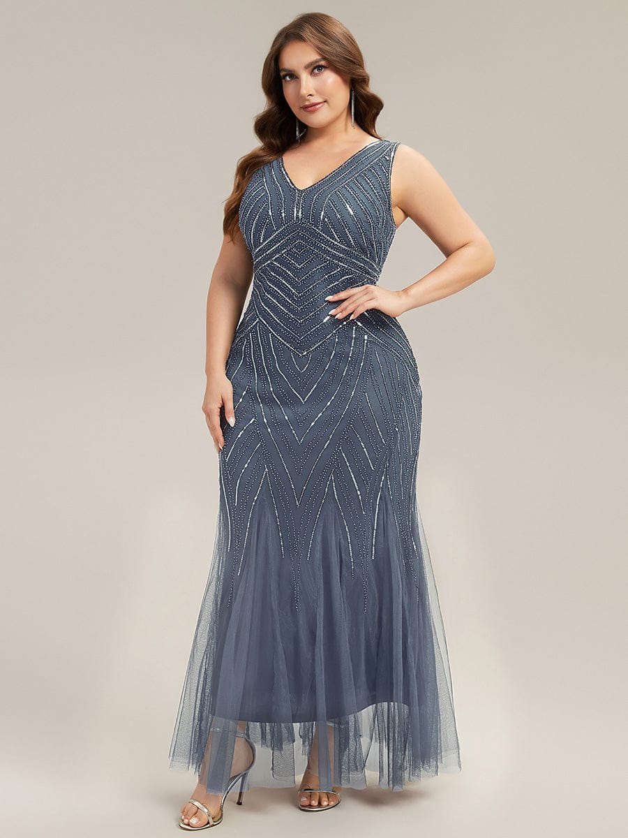 Deep V-Neck Sequin Sleeveless Dress #color_Dusty Blue