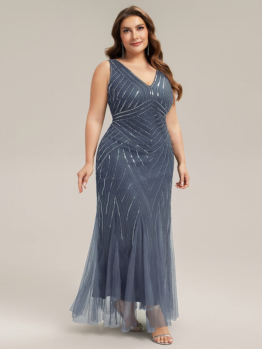Deep V-Neck Sequin Sleeveless Dress #color_Dusty Blue