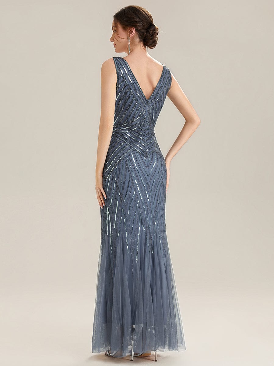 Deep V-Neck Sequin Sleeveless Dress #color_Dusty Blue