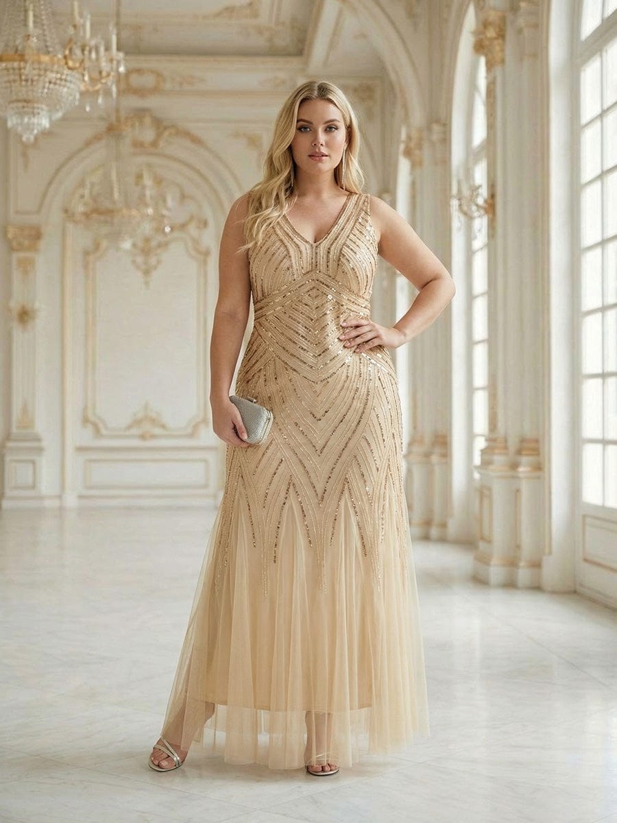Deep V-Neck Sequin Sleeveless Dress #color_Gold