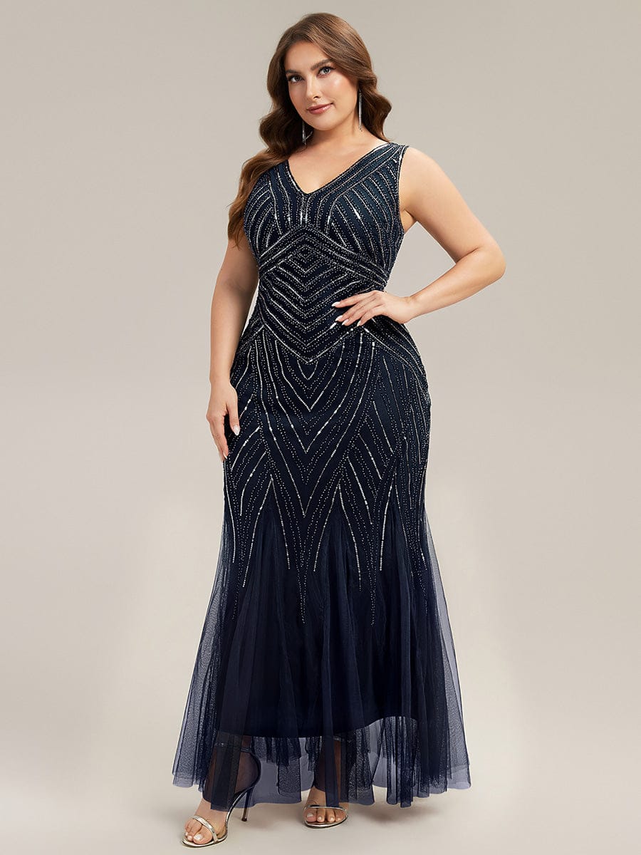 Deep V-Neck Sequin Sleeveless Dress #color_Navy Blue
