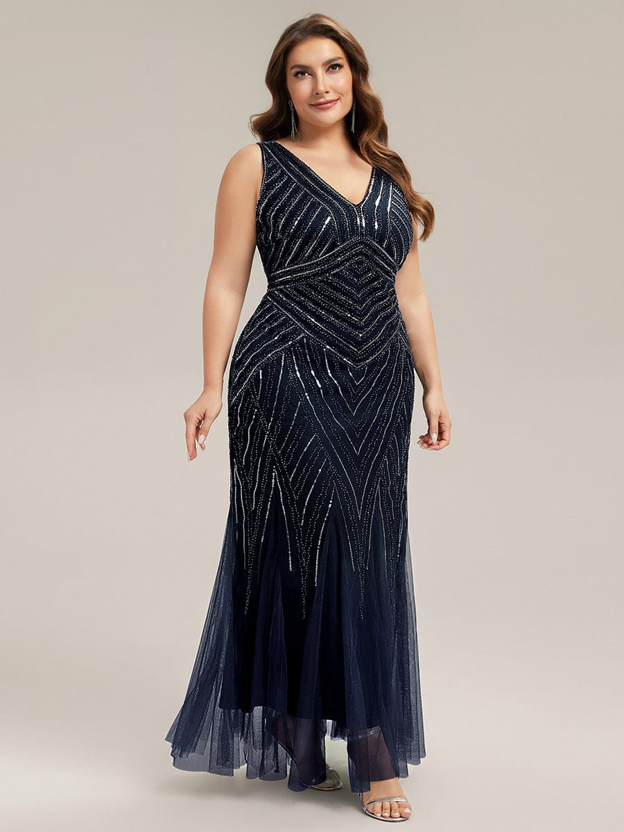 Deep V-Neck Sequin Sleeveless Dress #color_Navy Blue