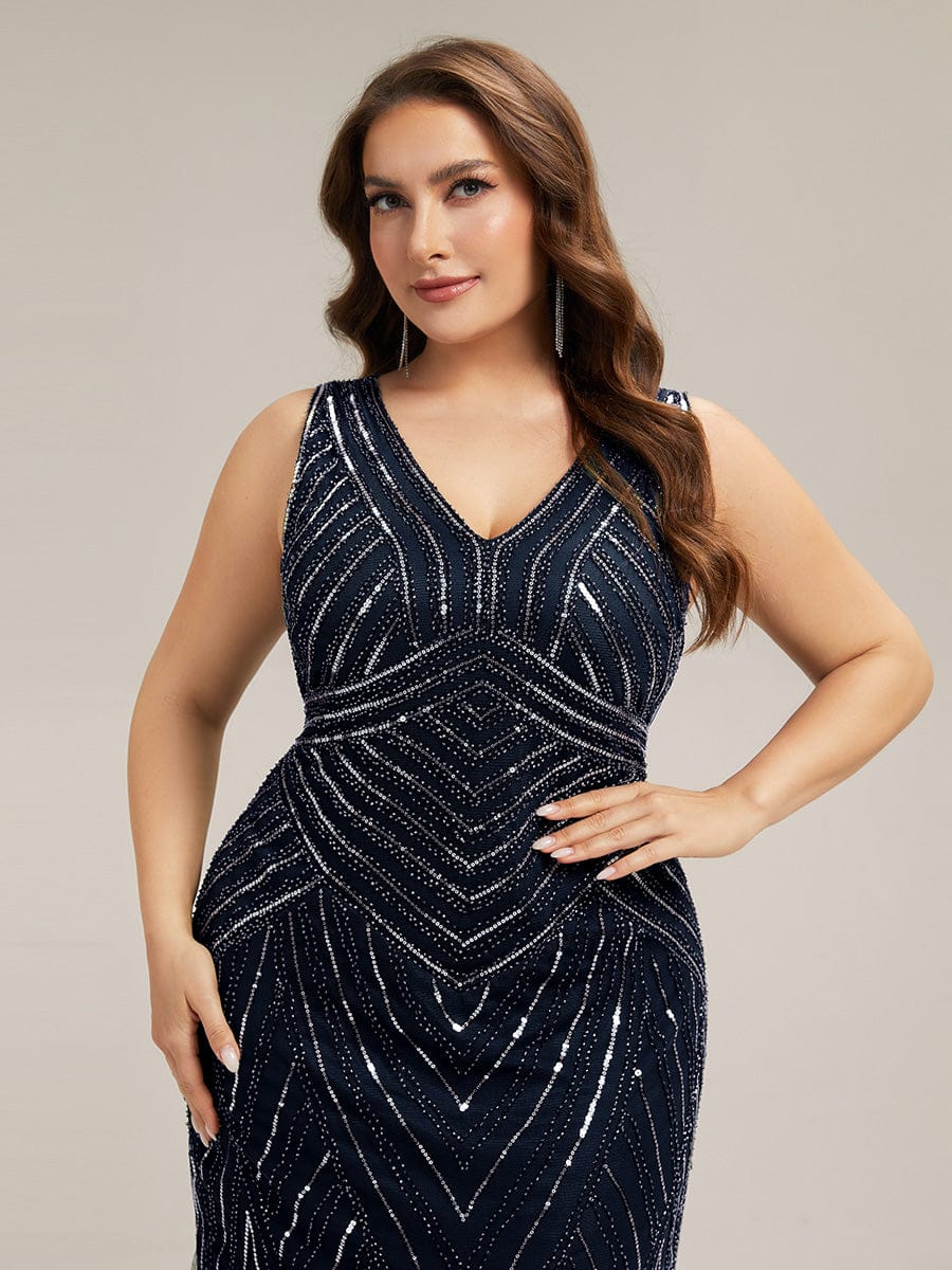Deep V-Neck Sequin Sleeveless Dress #color_Navy Blue