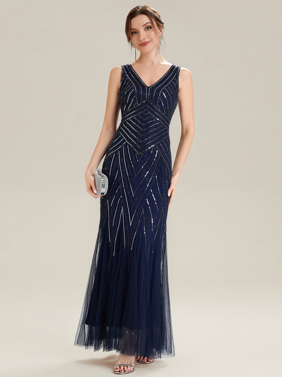 Deep V-Neck Sequin Sleeveless Dress #color_Navy Blue