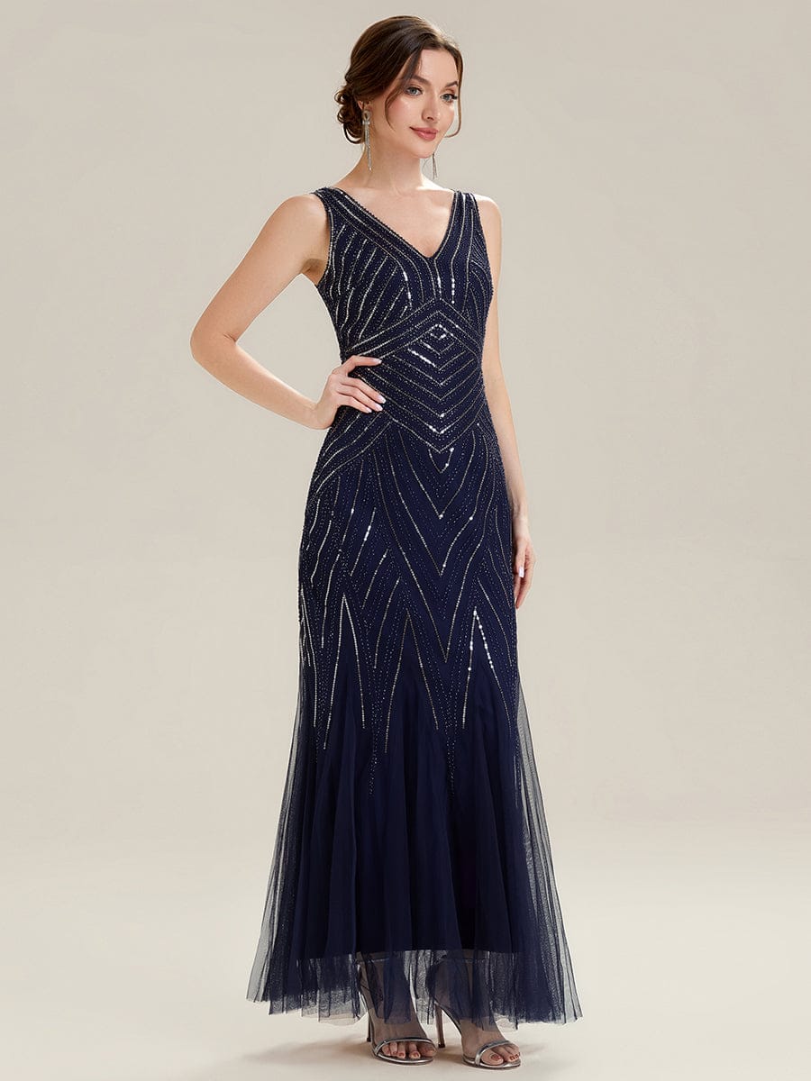 Deep V-Neck Sequin Sleeveless Dress #color_Navy Blue