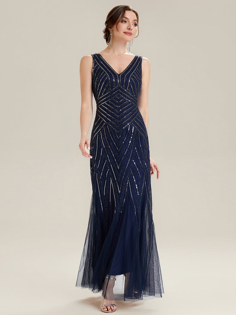 Deep V-Neck Sequin Sleeveless Dress #color_Navy Blue