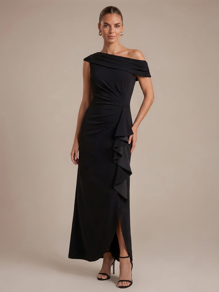 Ruffled Crepe Off-the-shoulder Sleeve Dress #color_Black