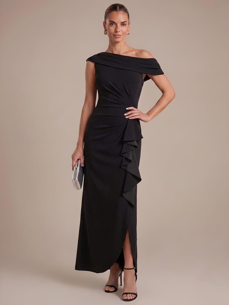 Ruffled Crepe Off-the-shoulder Sleeve Dress #color_Black