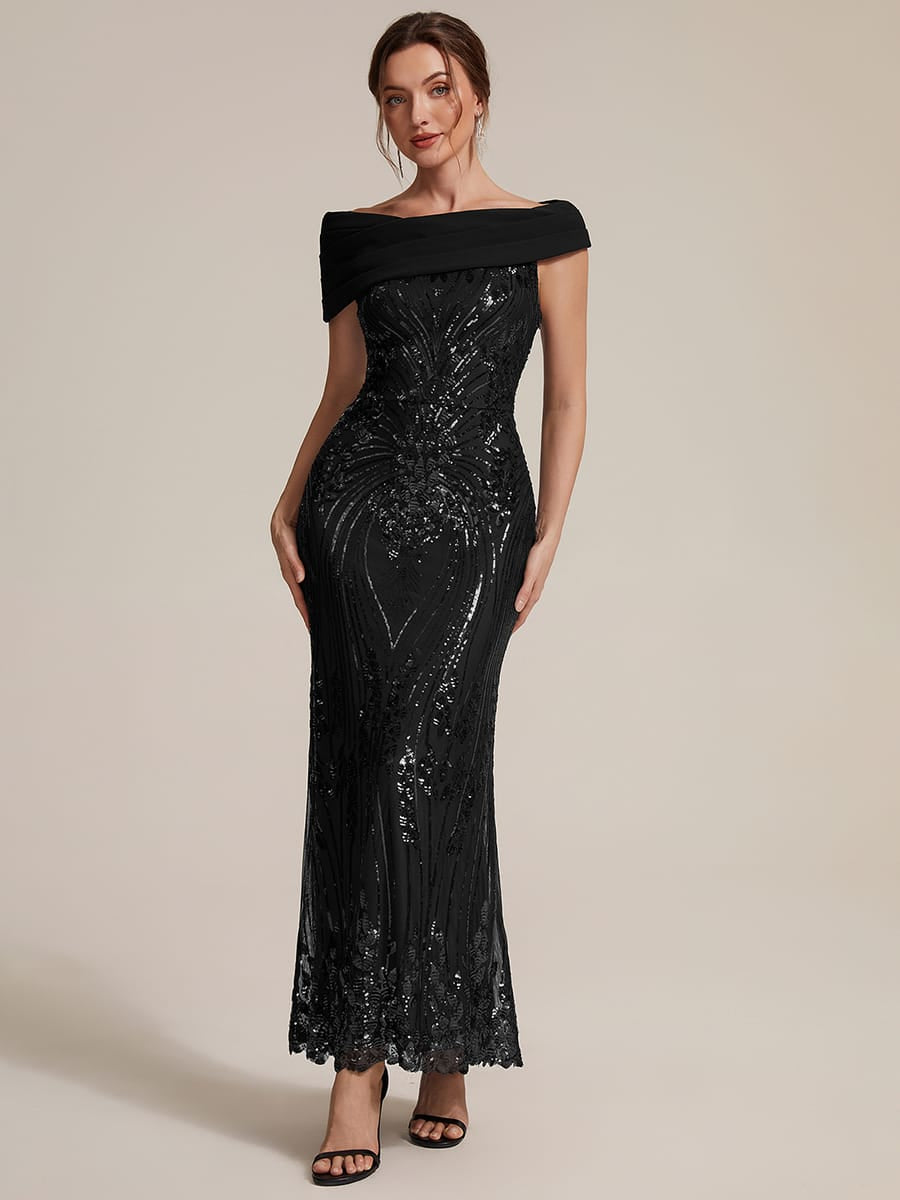 Sequin Off-the-shoulder Sleeve Bodycon Dress #color_Black